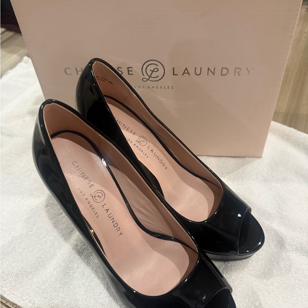 Chinese Laundry Glossy Black Peep Toe Heels